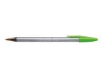 A green ballpoint pen with a transparent barrel and brown ink, featuring a 1.6 mm tip.