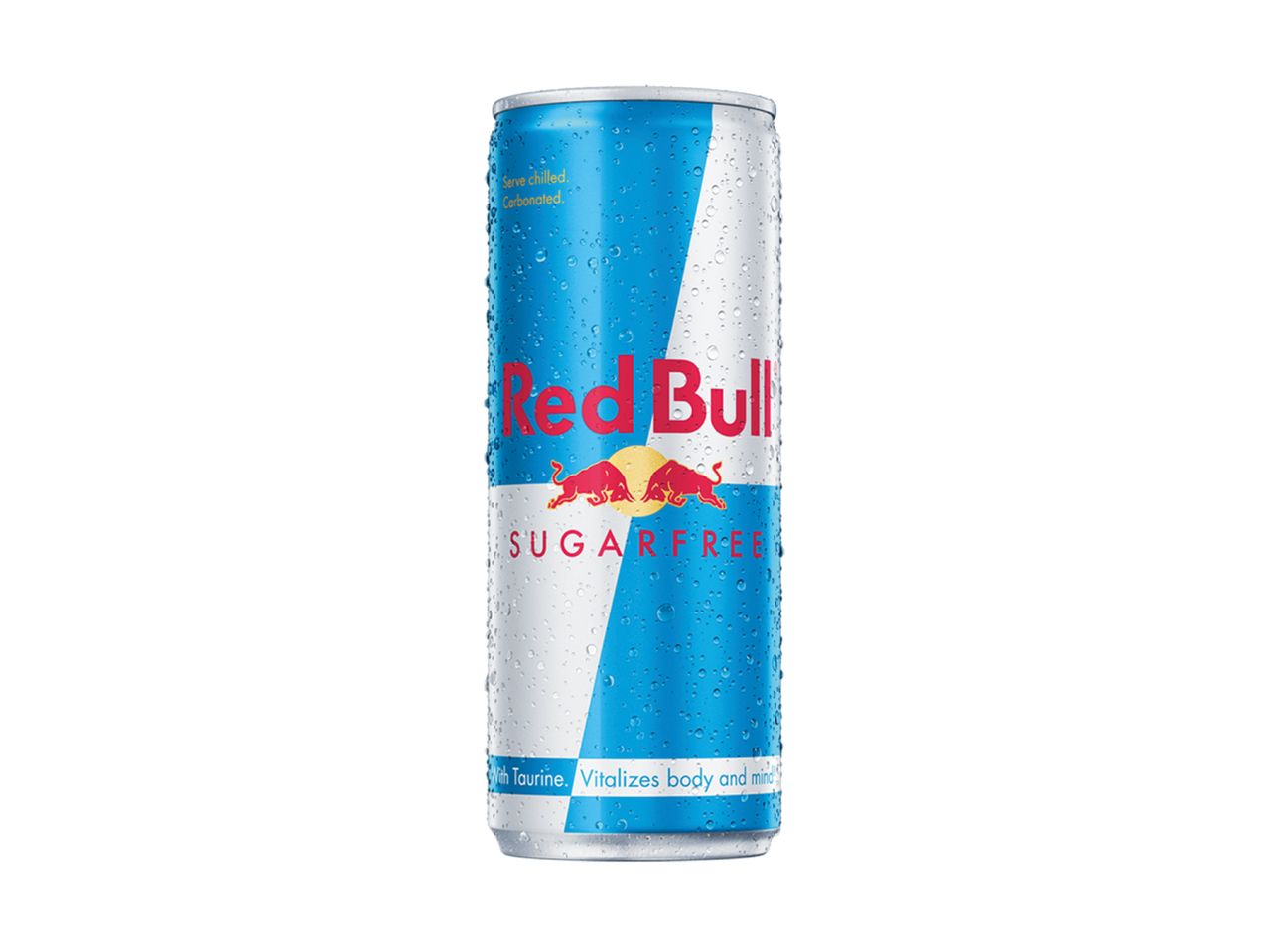 Sugar-free energy drink can with condensation, featuring a blue and silver design.