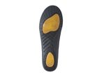 A black shoe insole with a yellow gel heel cushion.
