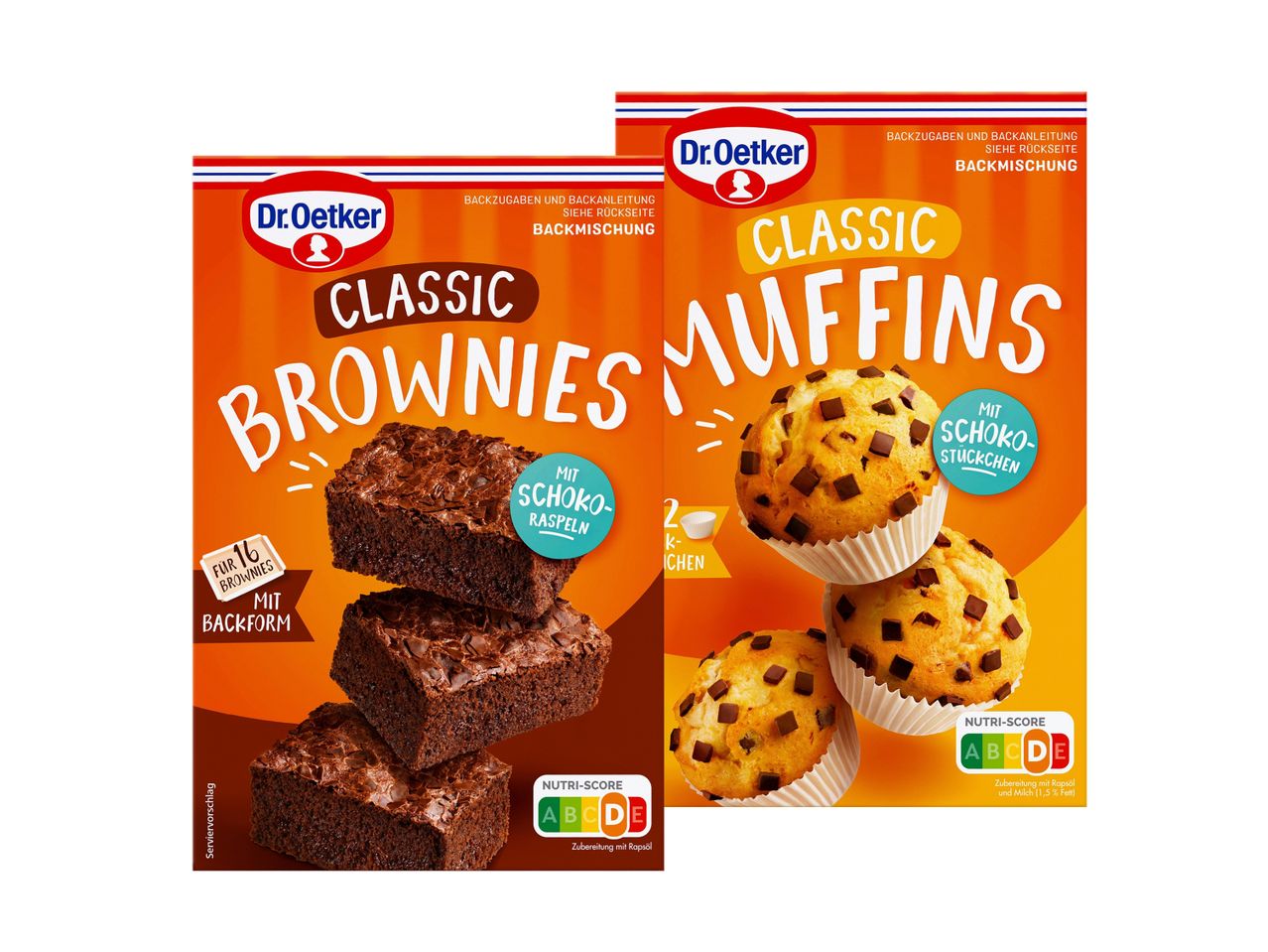 Dr. Oetker Backmischungen: Klassische Brownies mit Schokoraspeln und Muffins mit Schokostücken.