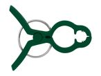 Green plastic clothes peg with a metal spring, isolated on a white background.