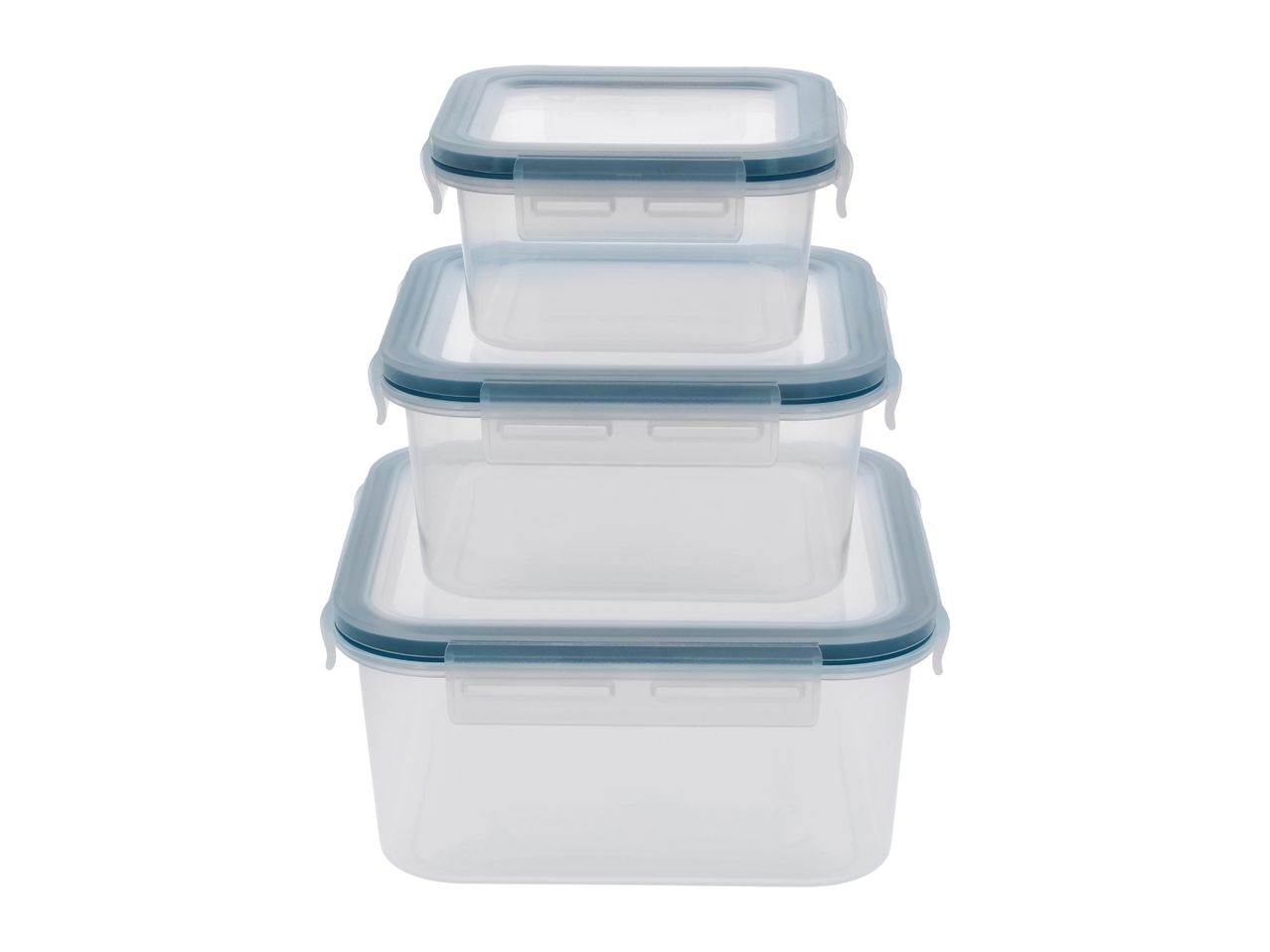 Stack of three clear square food storage containers with blue-grey lids.