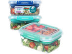 Sistema lunch boxes with various foods, including salad, quinoa, strawberries, and almonds.