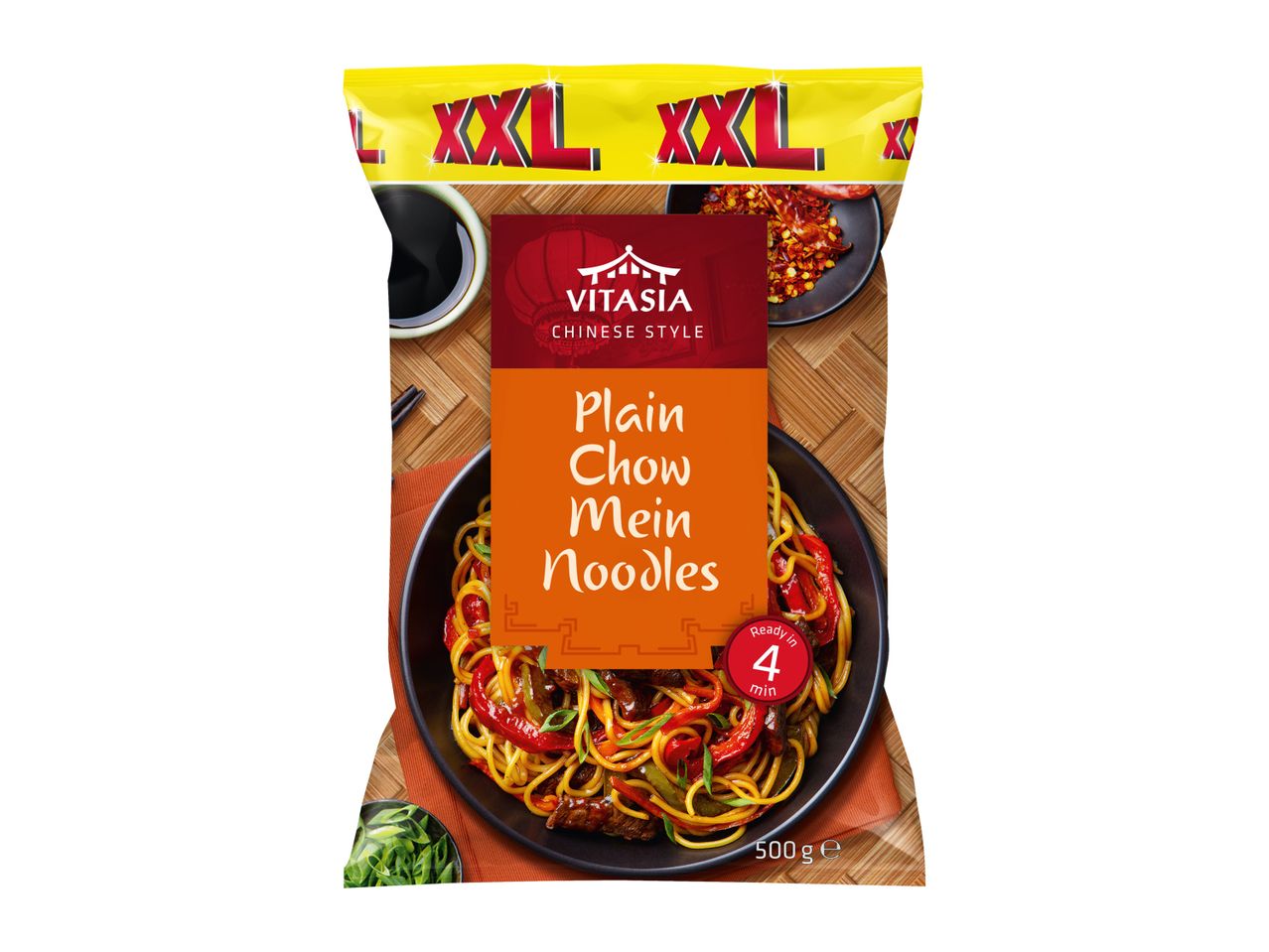 VitAsia XXL Plain Chow Mein Noodles, a 500g bag of Chinese-style noodles, ready in 4 minutes.