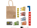 Playtive Wooden Lidl Supermarket toy set with a paper bag, play money, coins, and a VIP card.