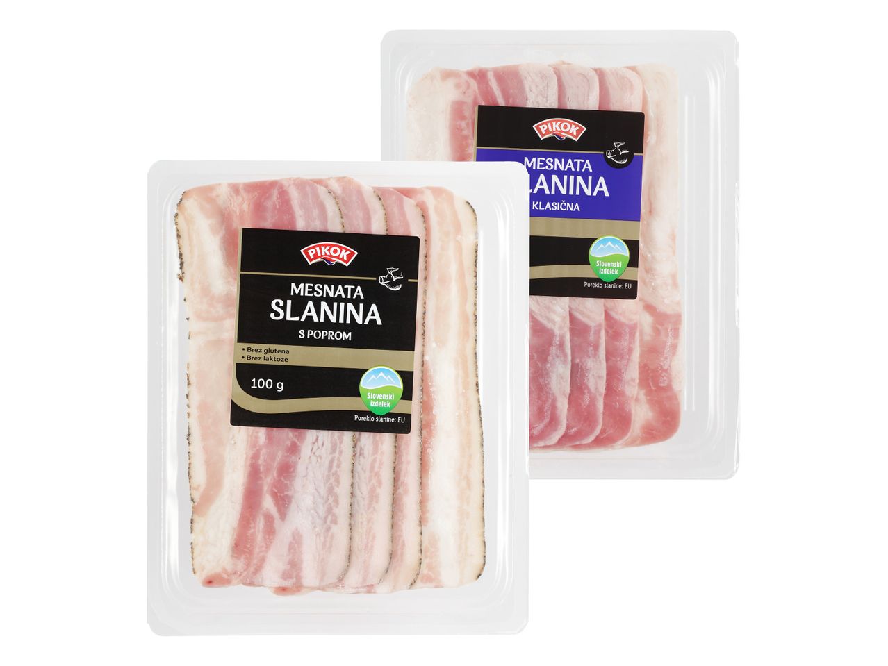Dve vrsti pakirane Pikok mesnate slanine: klasična in s poprom.
