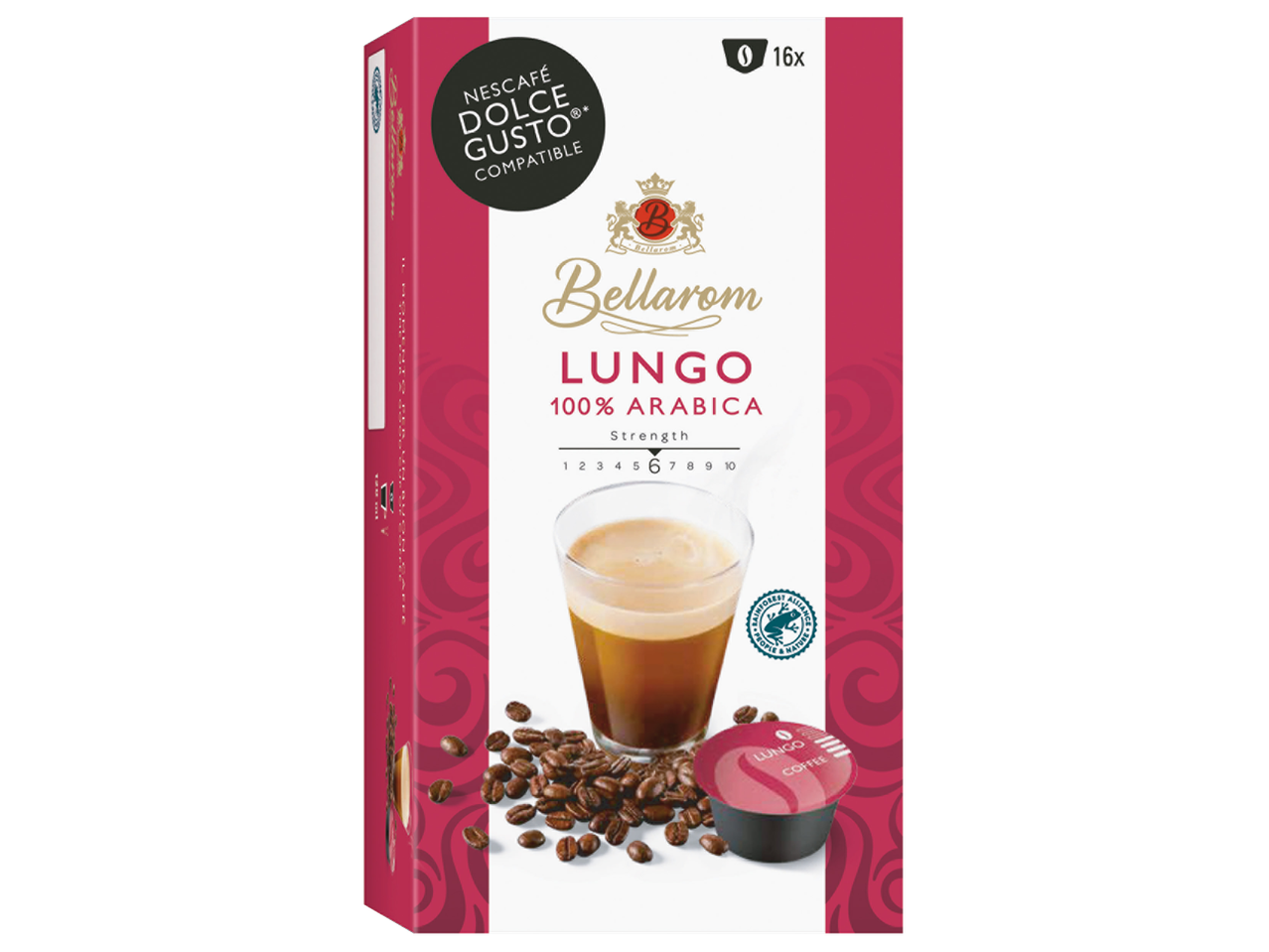 Cápsulas de café Bellarom Lungo, 100% Arábica, compatíveis com Nescafé Dolce Gusto, intensidade 6, 16x.
