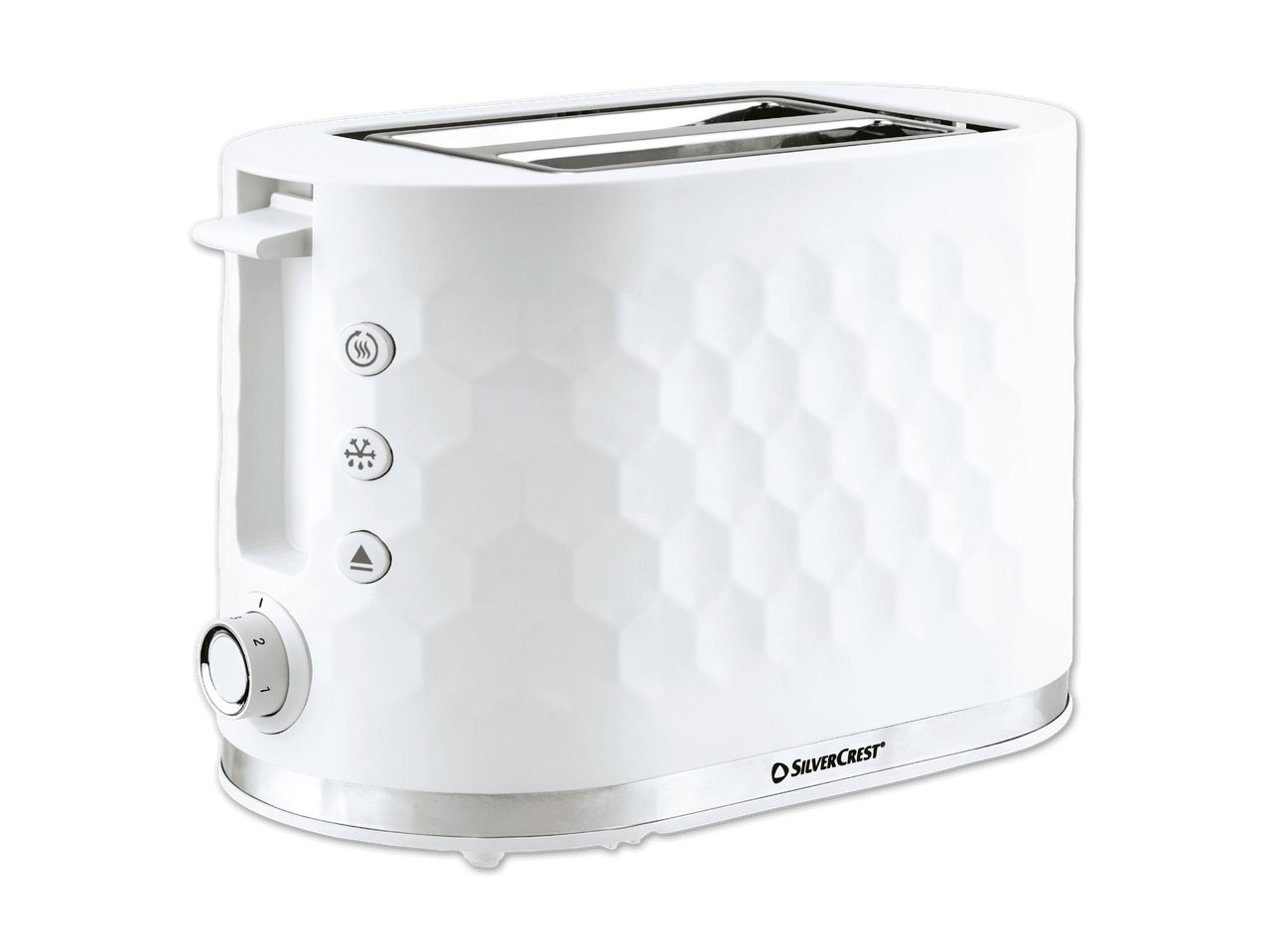 Weißer Toaster mit Wabenmuster und silbernen Details.