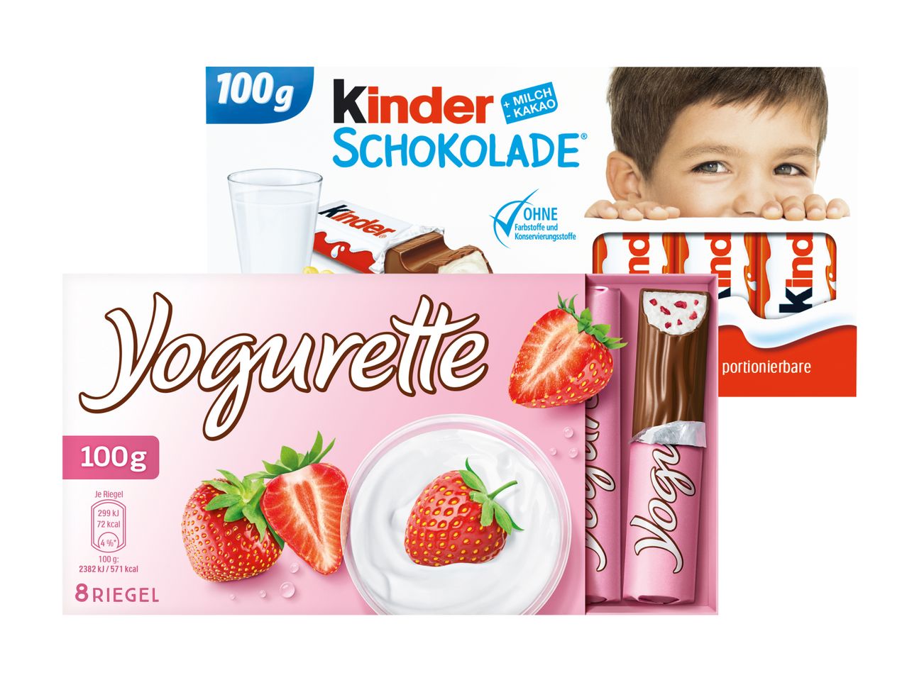 Kinder Schokolade und Yogurette Riegel: Zwei leckere Schokoladenprodukte mit Erdbeer-Joghurt-Geschmack.