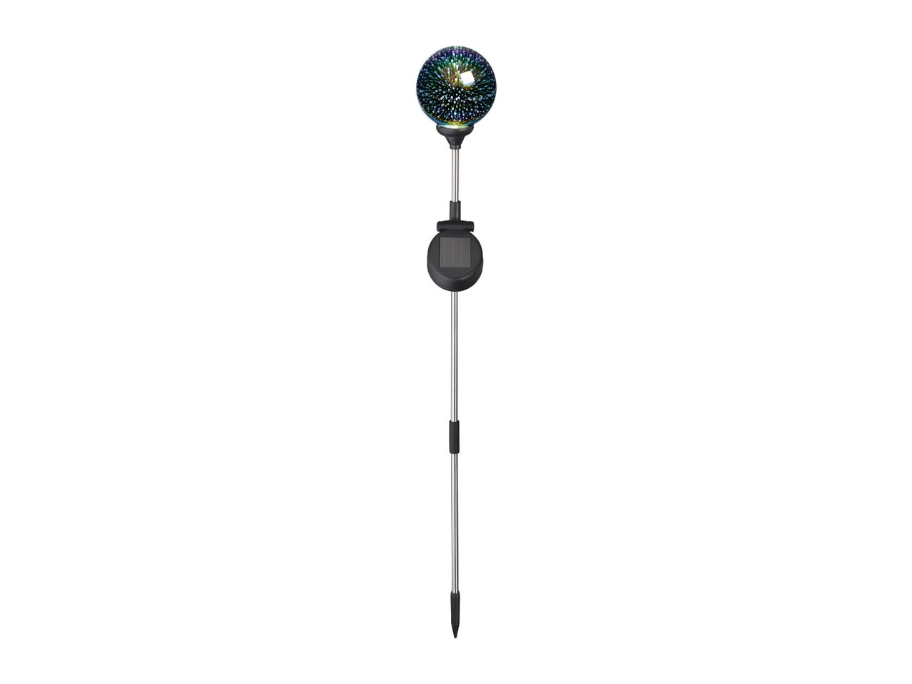 Solar-powered garden stake light with a colorful, spherical top and a ground spike.