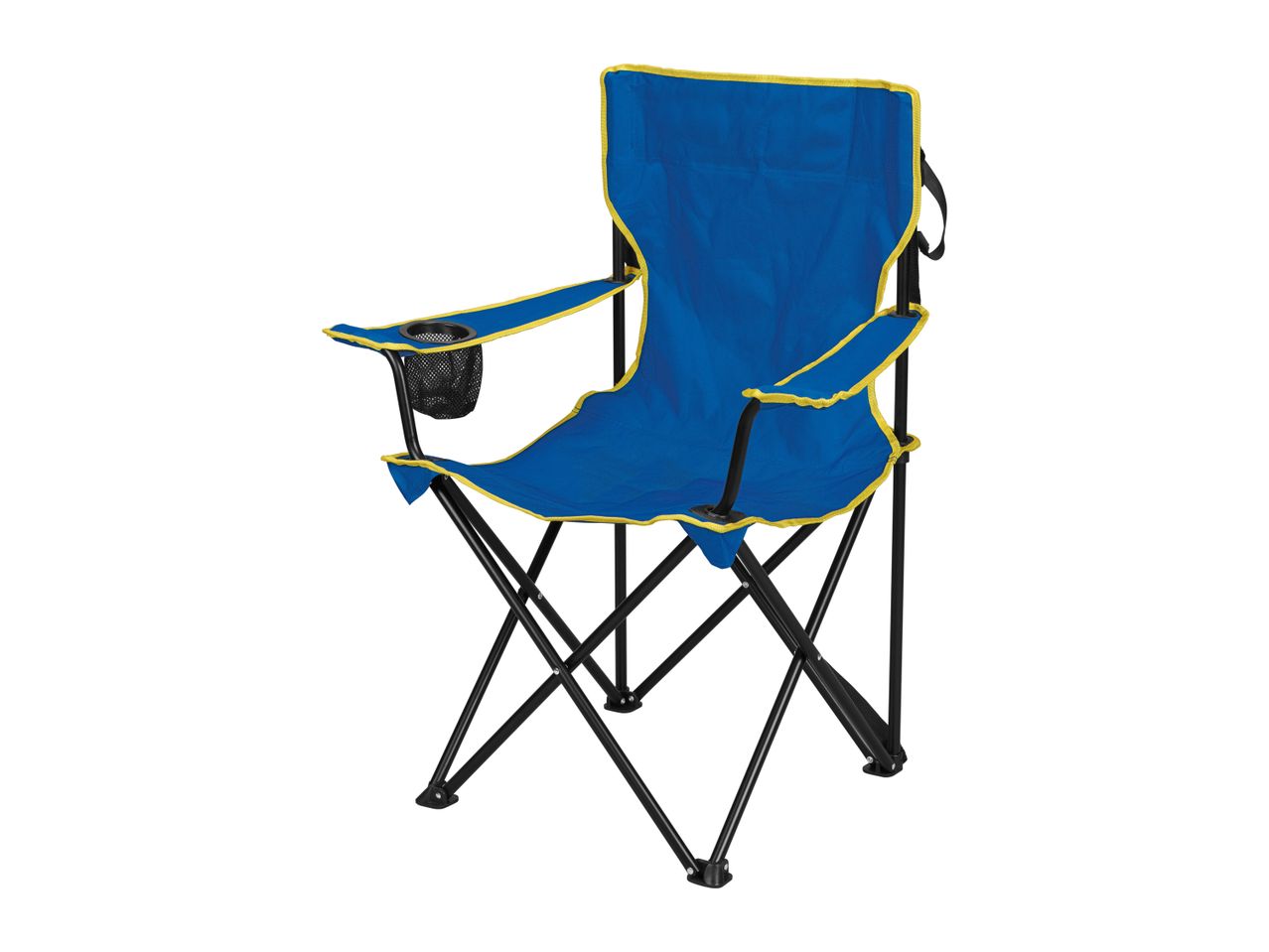 Blue folding camping chair with cup holder.