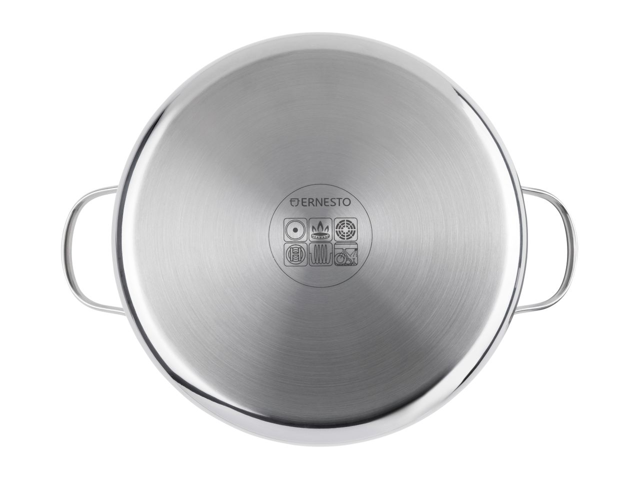 Top view of a stainless steel pot with two handles.