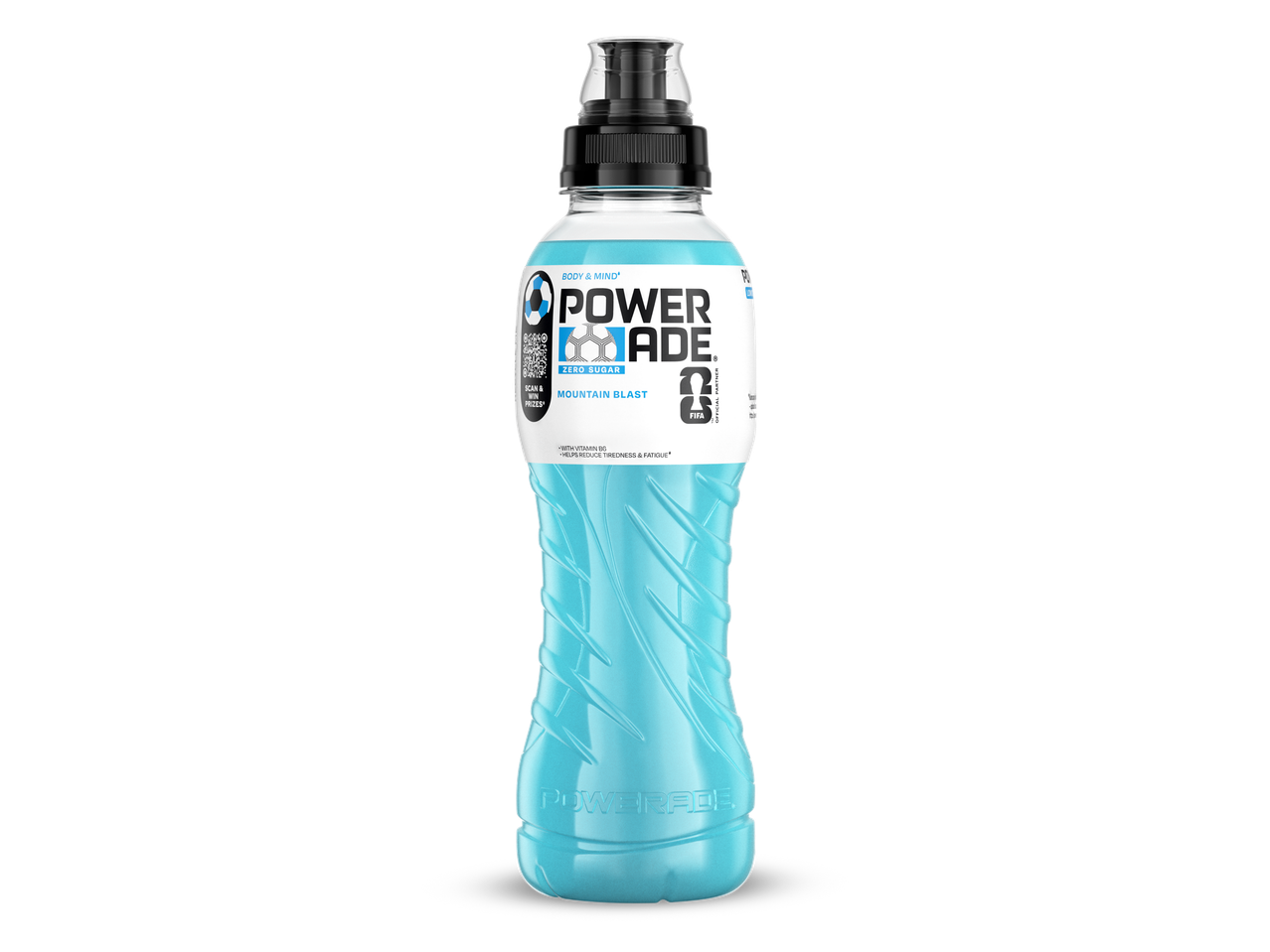 Een fles sportdrank met de smaak Mountain Blast, nul suiker en vitamine B6.