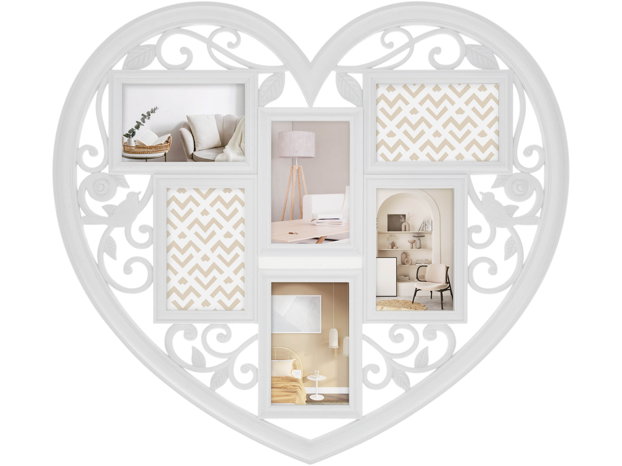 White heart-shaped multi-photo frame with decorative cutouts and various interior scenes.