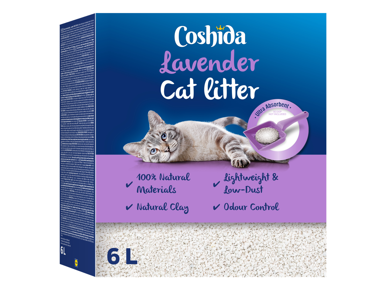Coshida Lavendel kattenbakvulling, 6L: natuurlijke klei, lichtgewicht en weinig stof.