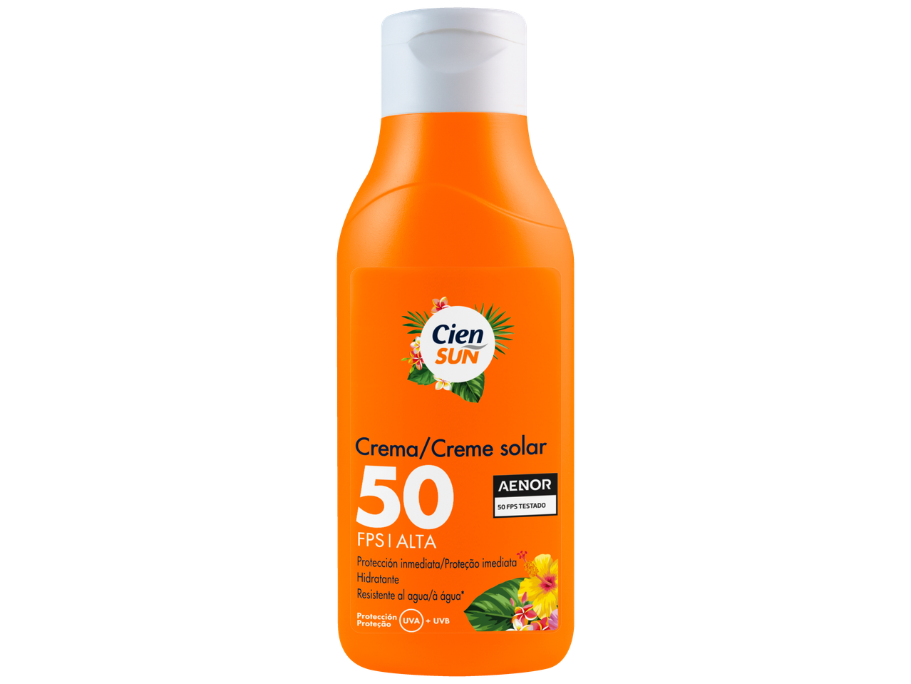 Loção solar Cien SUN FPS 50 para proteção imediata, hidratação e resistência à água.