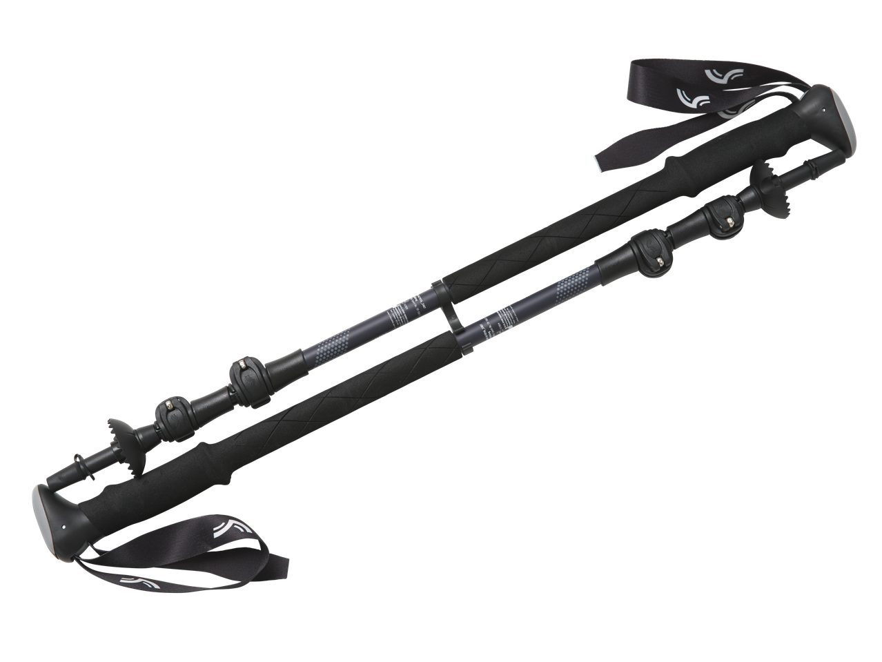 Dvi juodos žygio lazdos su reguliuojamais dirželiais ir rankenomis, su tekstu 'Sport-Nr.: TP-10611'.