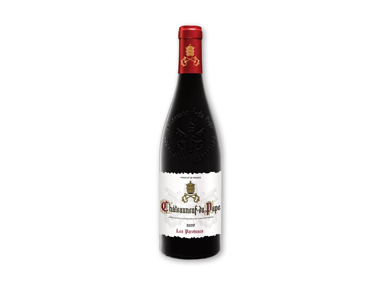 En flaske Châteauneuf-du-Pape rødvin med en rød folie og et paveligt emblem.
