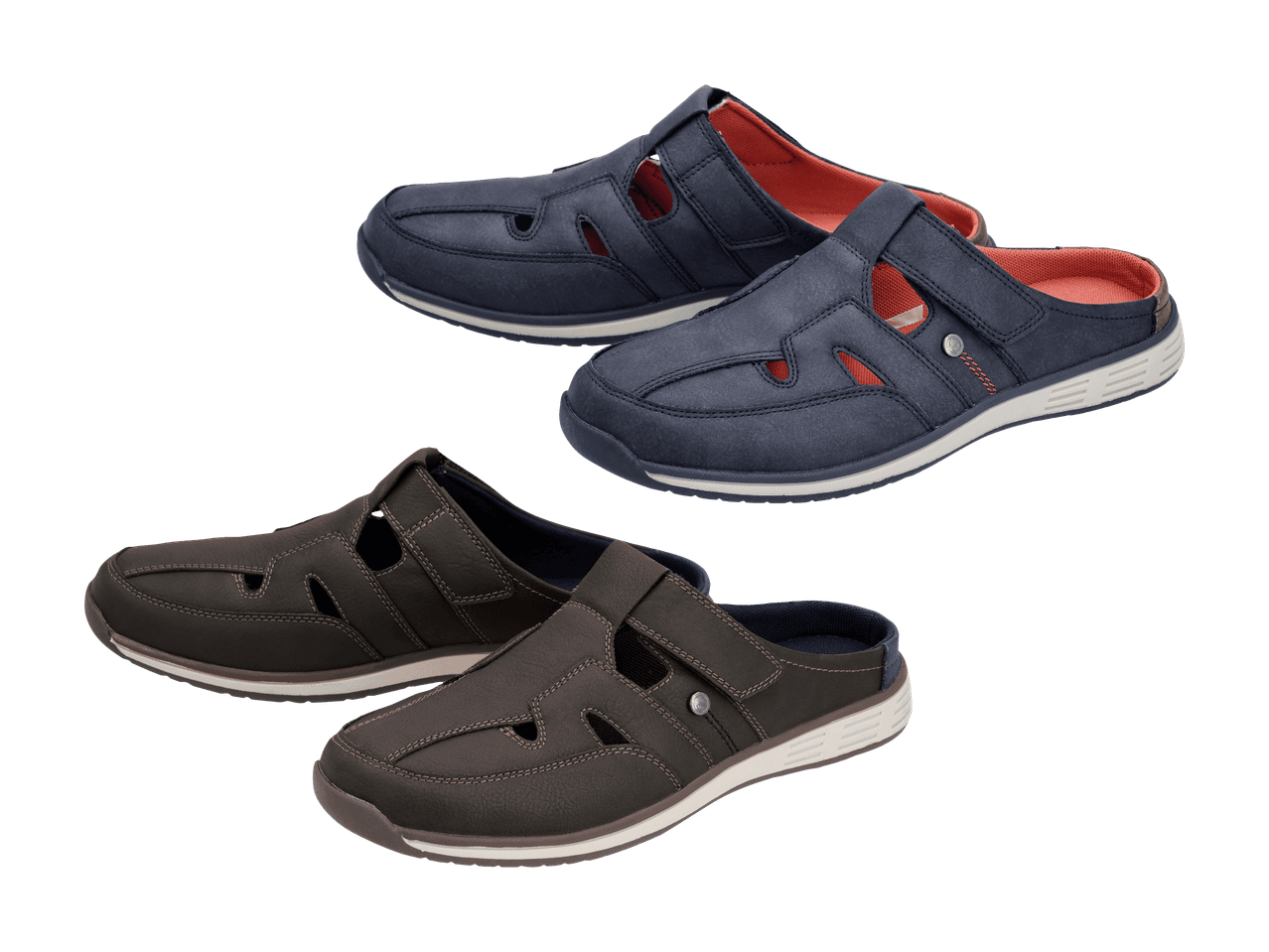 Zwei Paar Herren-Sandalen, ein Paar marineblau mit orangefarbener Innenseite und ein Paar dunkelbraun.