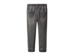 Back view of a pair of dark gray denim joggers with an elastic waistband and cuffs.