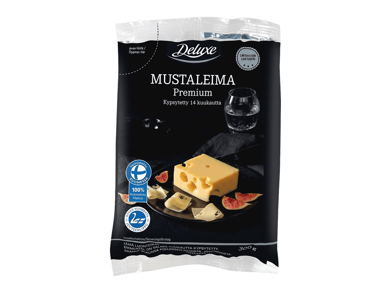Mustaleima Premium -juustopakkaus, kypsytetty 14 kuukautta, laktoositon, 300g.