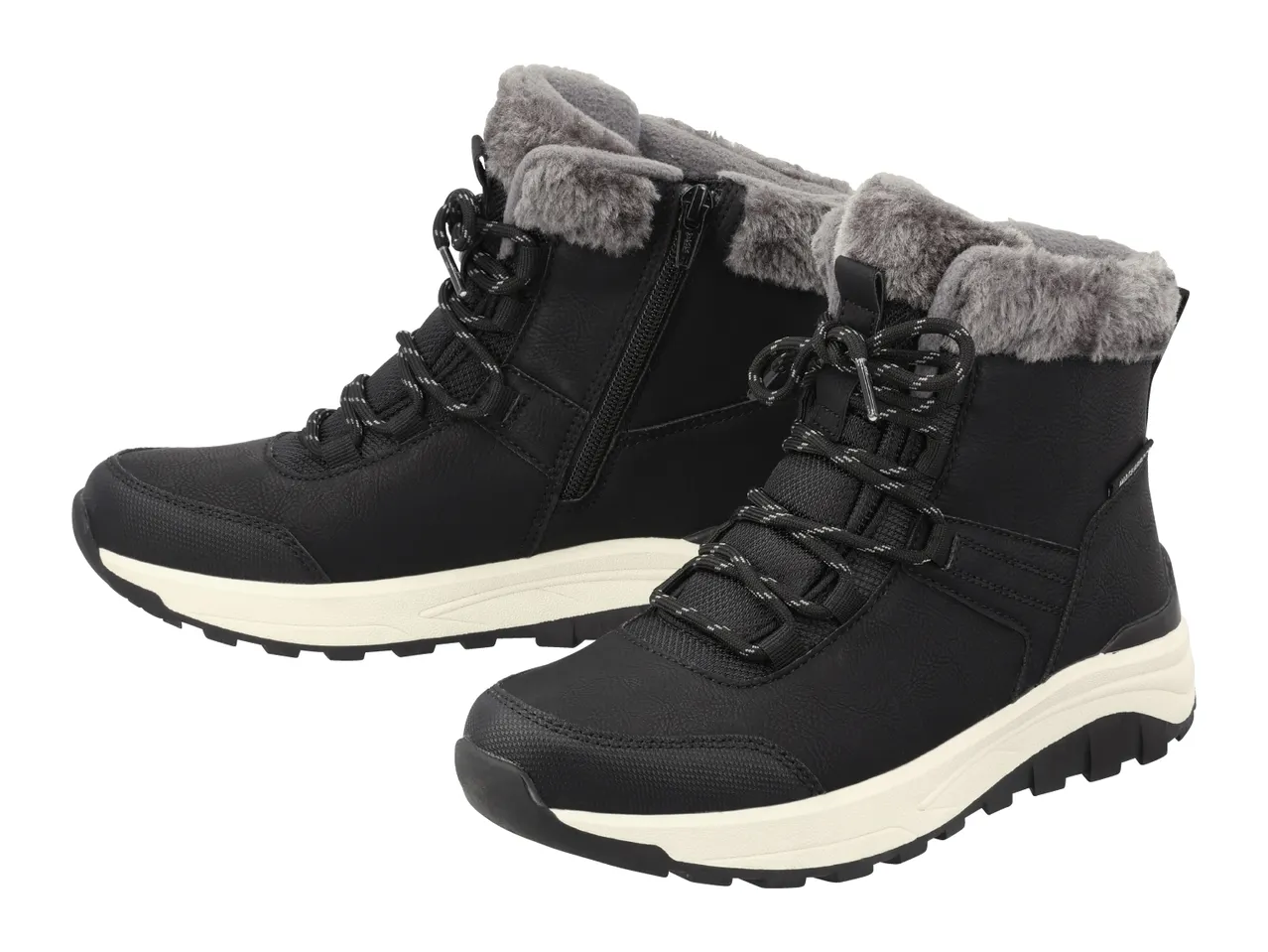 Pair of black winter boots with faux fur lining and white soles
