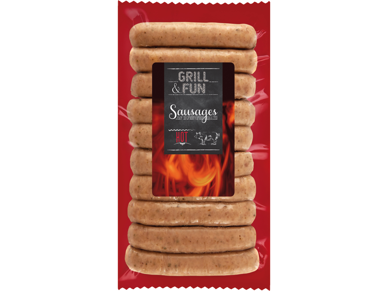 Pakuotė 'Grill & Fun' dešrelių, paruoštų kepti ant grotelių.