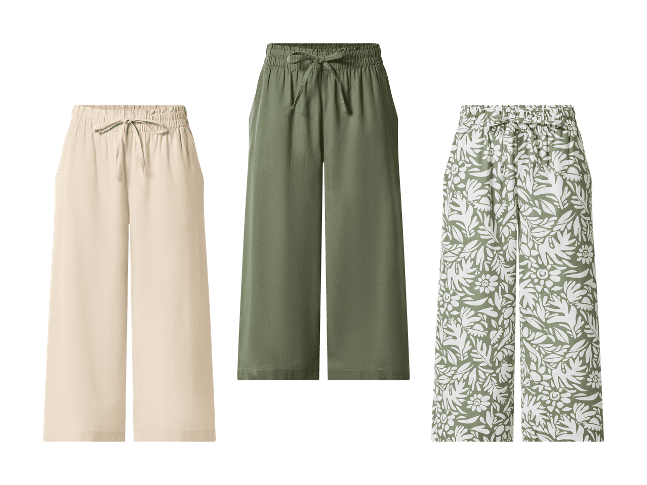 Drei weite Hosen: beige, einfarbig grün und grün mit weißem Blumenmuster.
