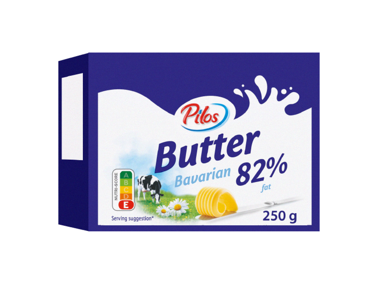 Pilos bavarski maslac s 82% masti, 250 g, s Nutri-Score E oznakom.