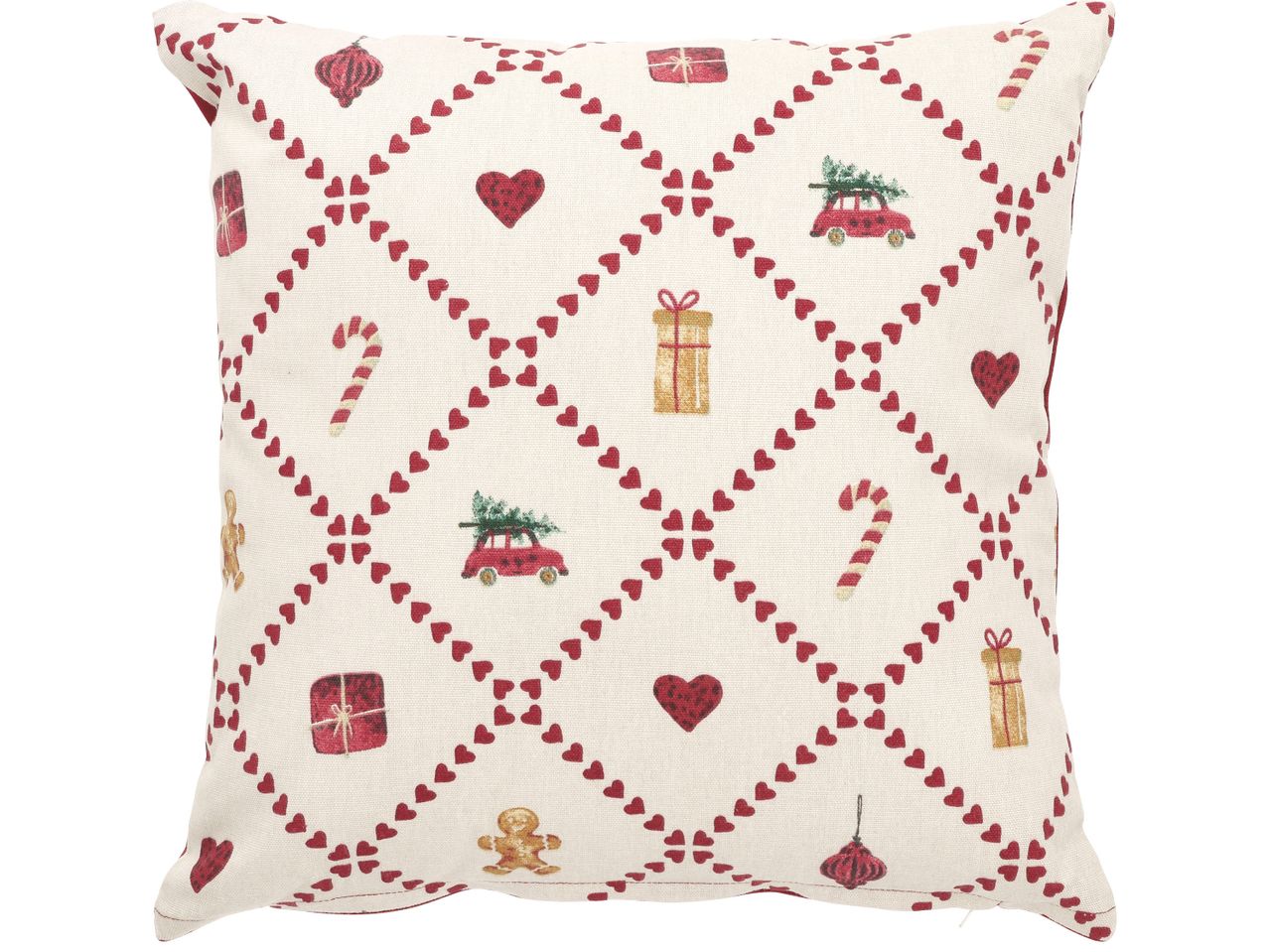 Декоративна възглавница с коледни мотиви: сърца, подаръци, колички с елхи и бастунчета.