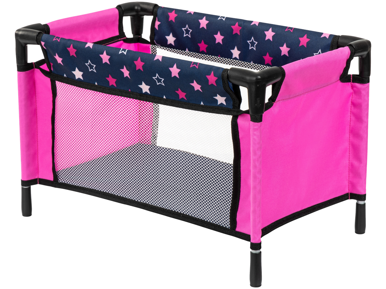 LUPILU® rožinė lėlių lovelė su tinklelio šonais ir žvaigždžių raštu