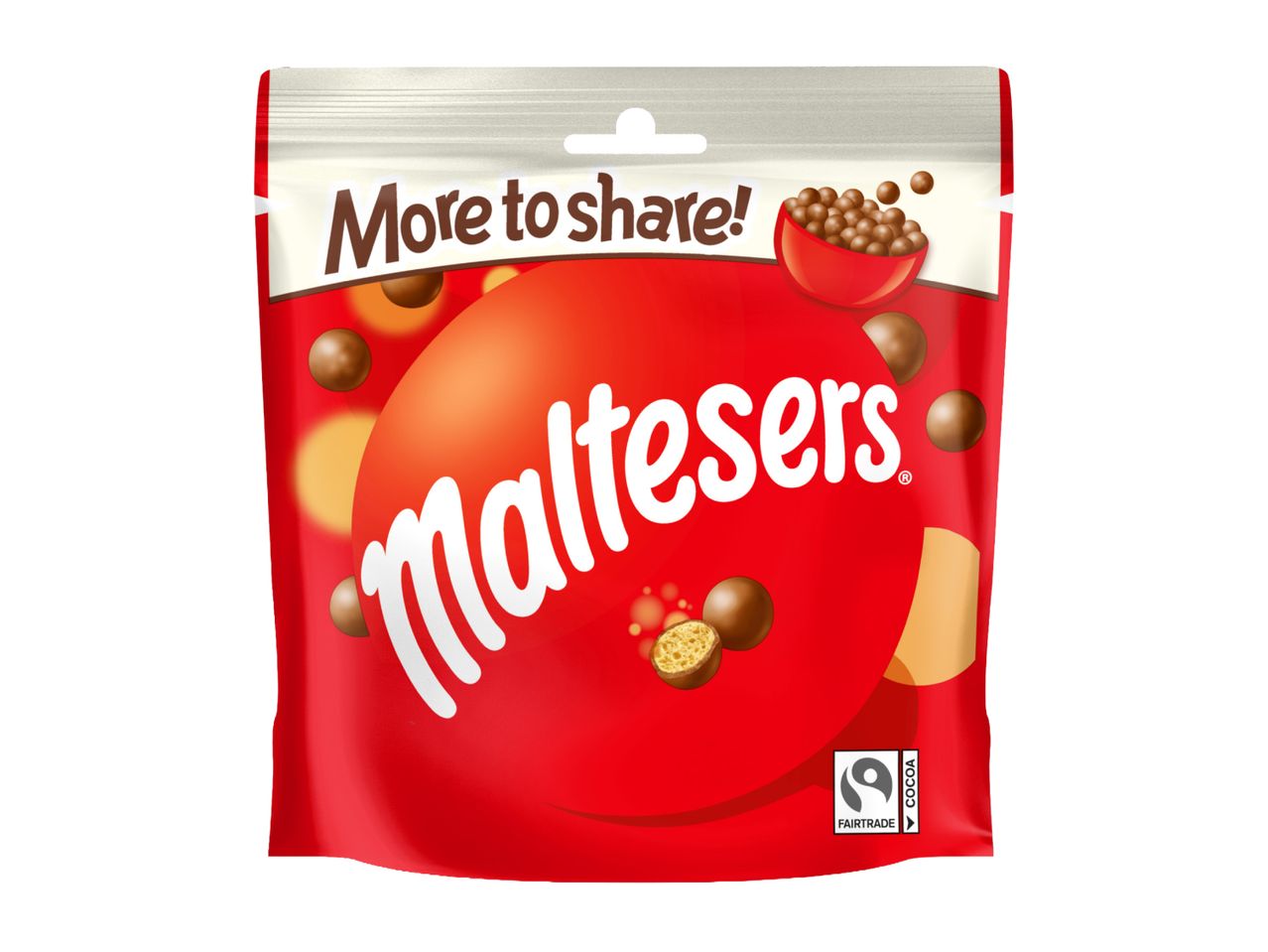 A red sharing bag of chocolate-covered malt balls with a Fairtrade logo.