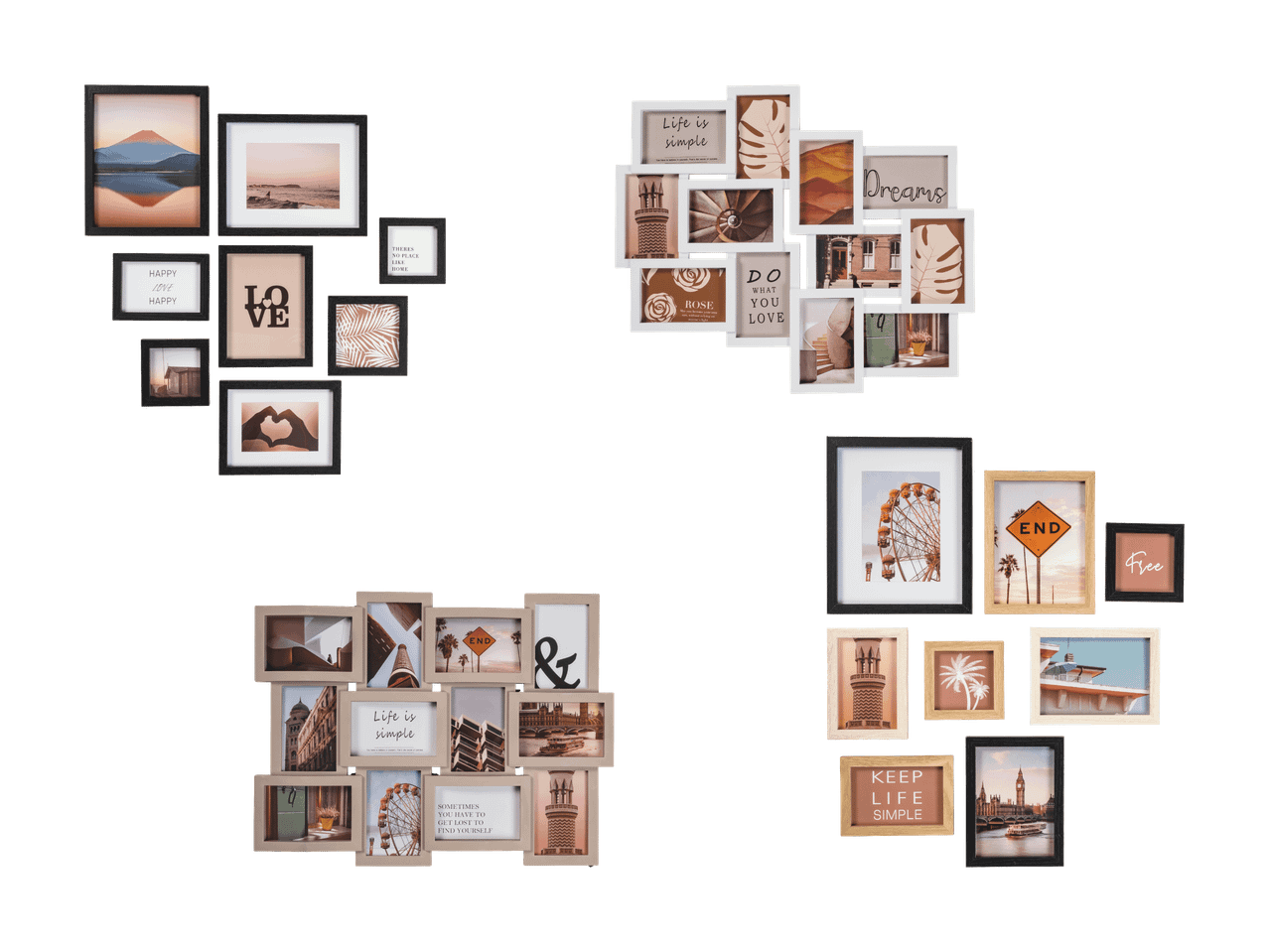 Quatre collages de cadres photo avec des images et des citations dans des styles et des couleurs variés.