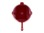Red SilverCrest cast iron pan with a handle and two side grips, viewed from the bottom.