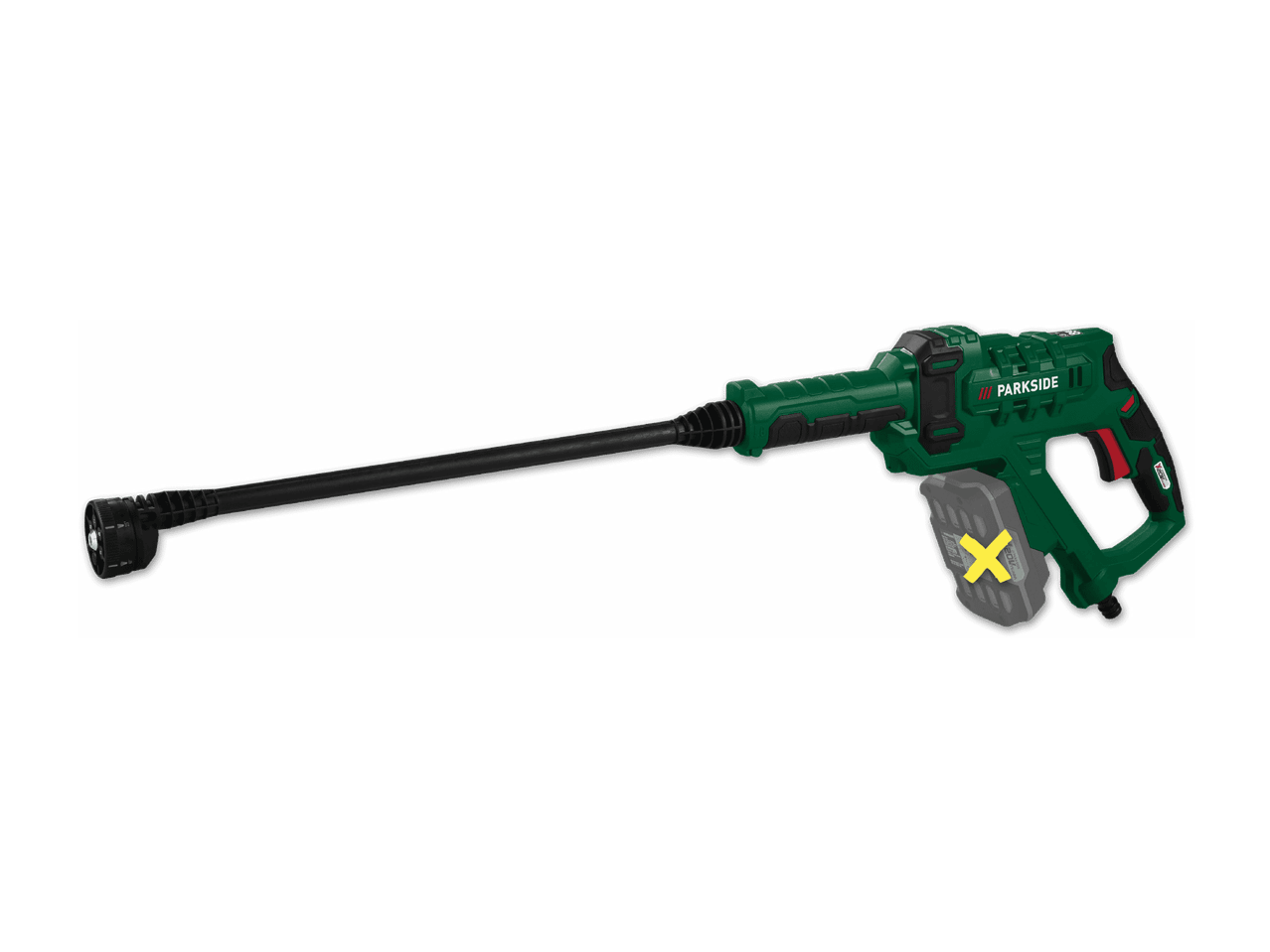 Grüner Akku-Hochdruckreiniger mit langem Sprührohr und grauer Batterie