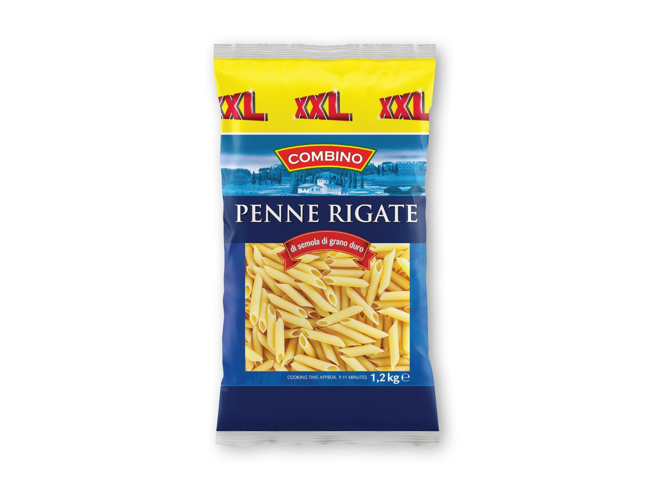 En pakke Combino Penne Rigate pasta lavet af durumhvede, 1,2 kg.