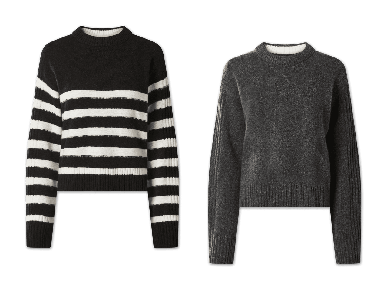 Zwei Pullover: ein schwarz-weiß gestreifter und ein grauer Pullover.