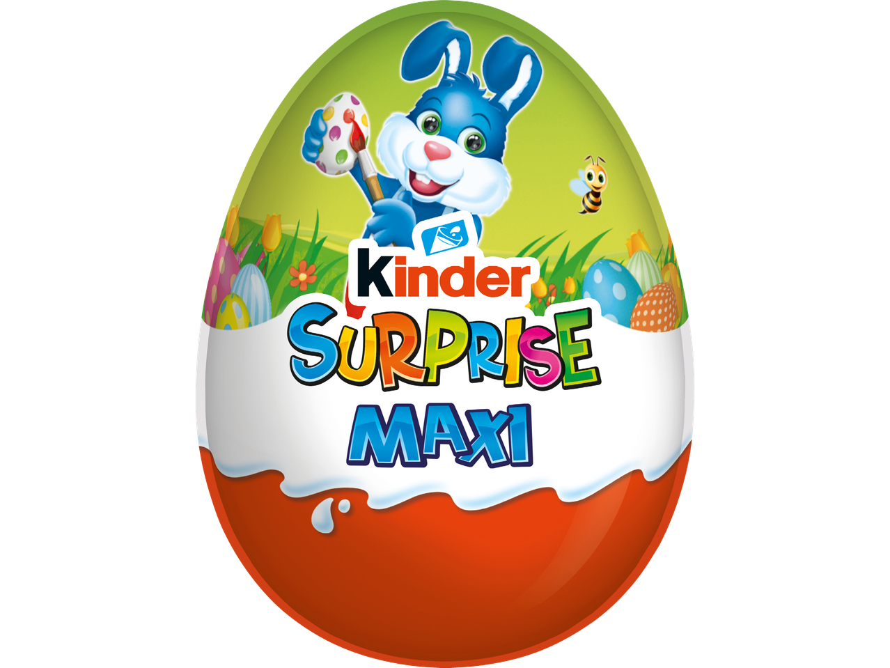 Ett stort chokladägg med en blå kanin som målar ett påskägg, omgiven av gräs och blommor.