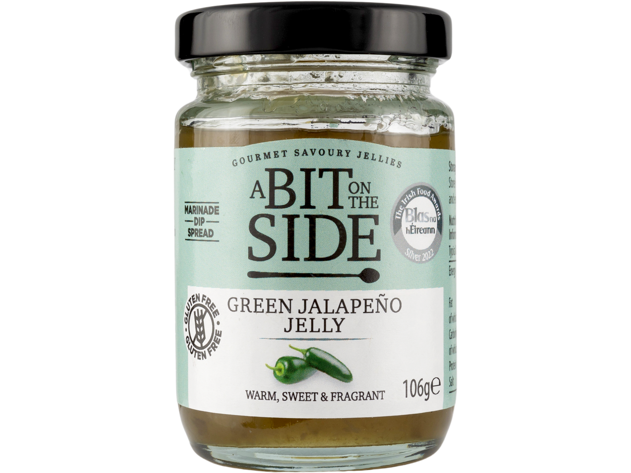 A Bit on the Side Green Jalapeño Jelly in a glass jar.