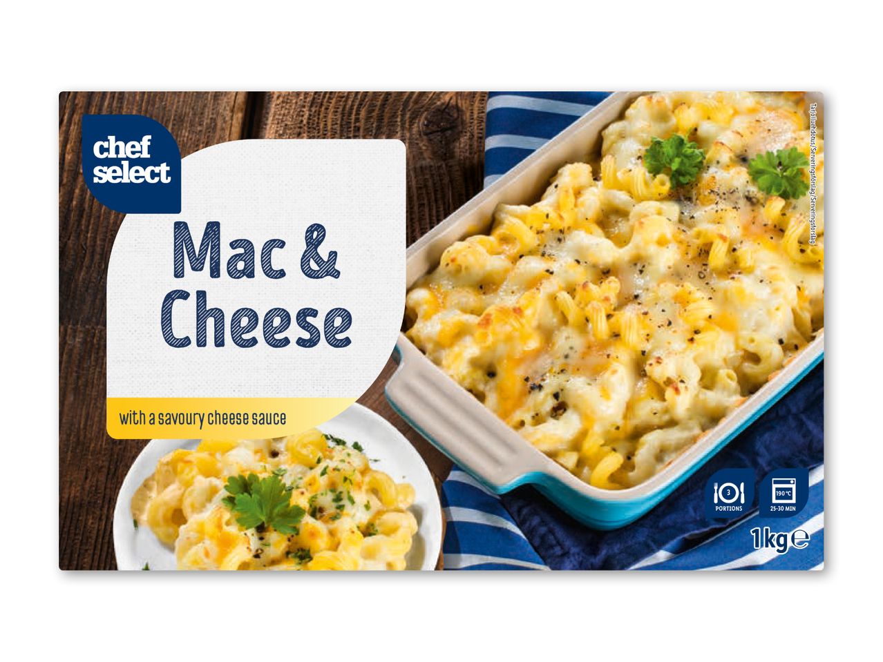 Mac & Cheese med ostesauce, 1 kg, 3 portioner, ovn 190°C i 25-30 minutter.