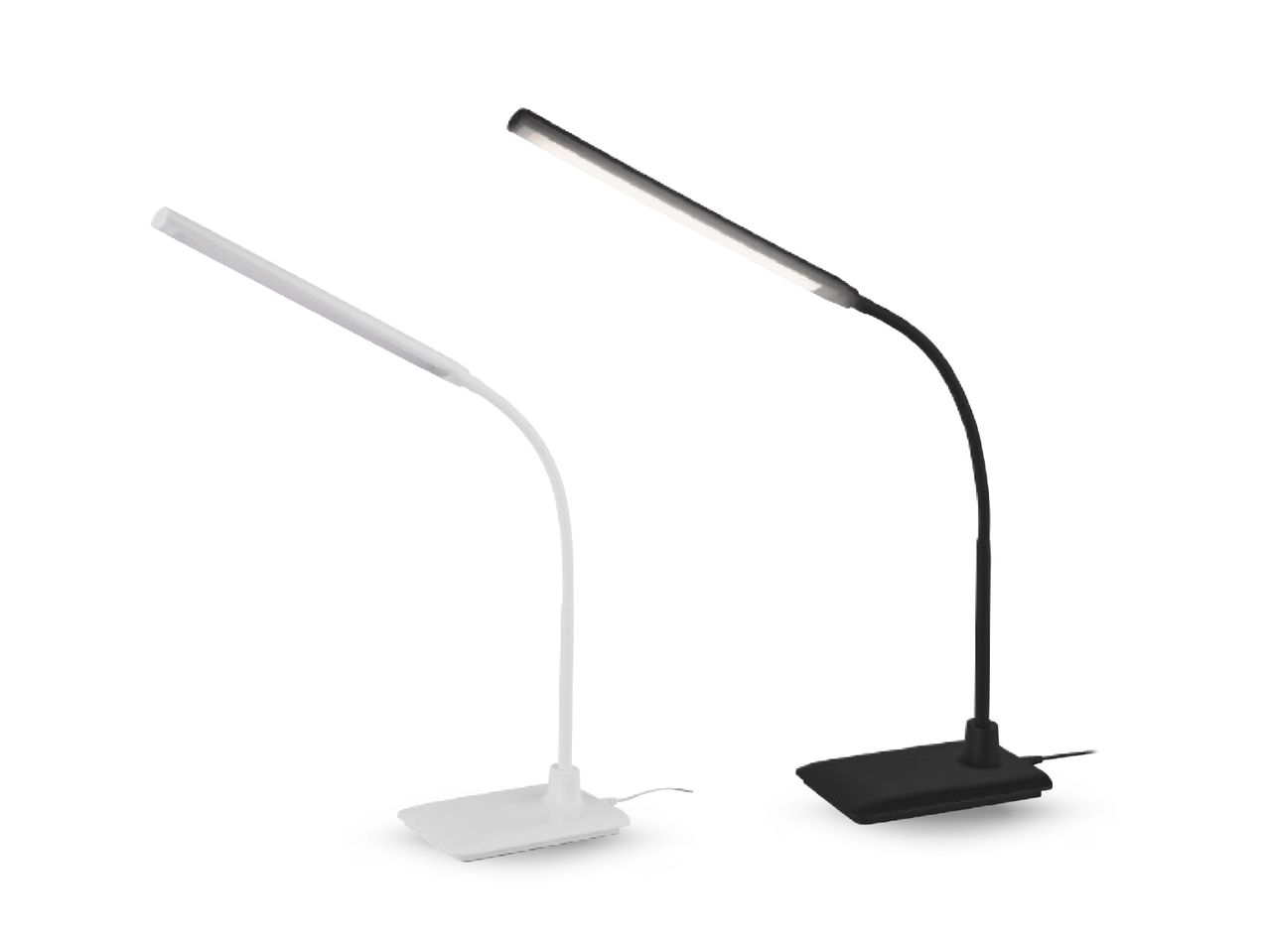 Dvije moderne LED stolne lampe, bijela i crna.