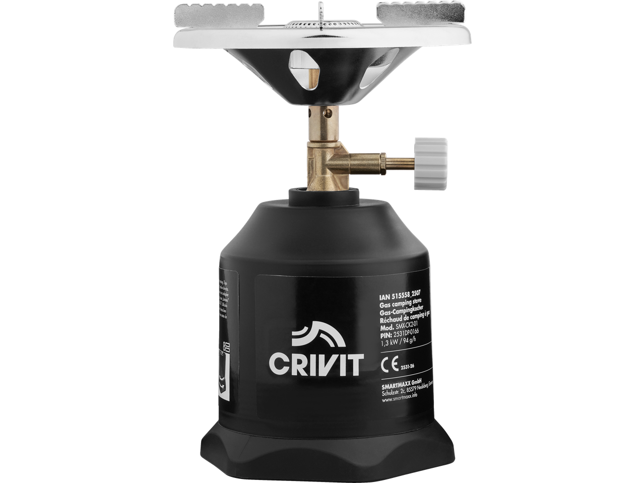 Aragaz de camping pe gaz CRIVIT cu putere de 1,3 kW și informații despre producător.