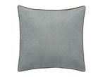 A light gray velvet throw pillow with dark brown piping on a white background.