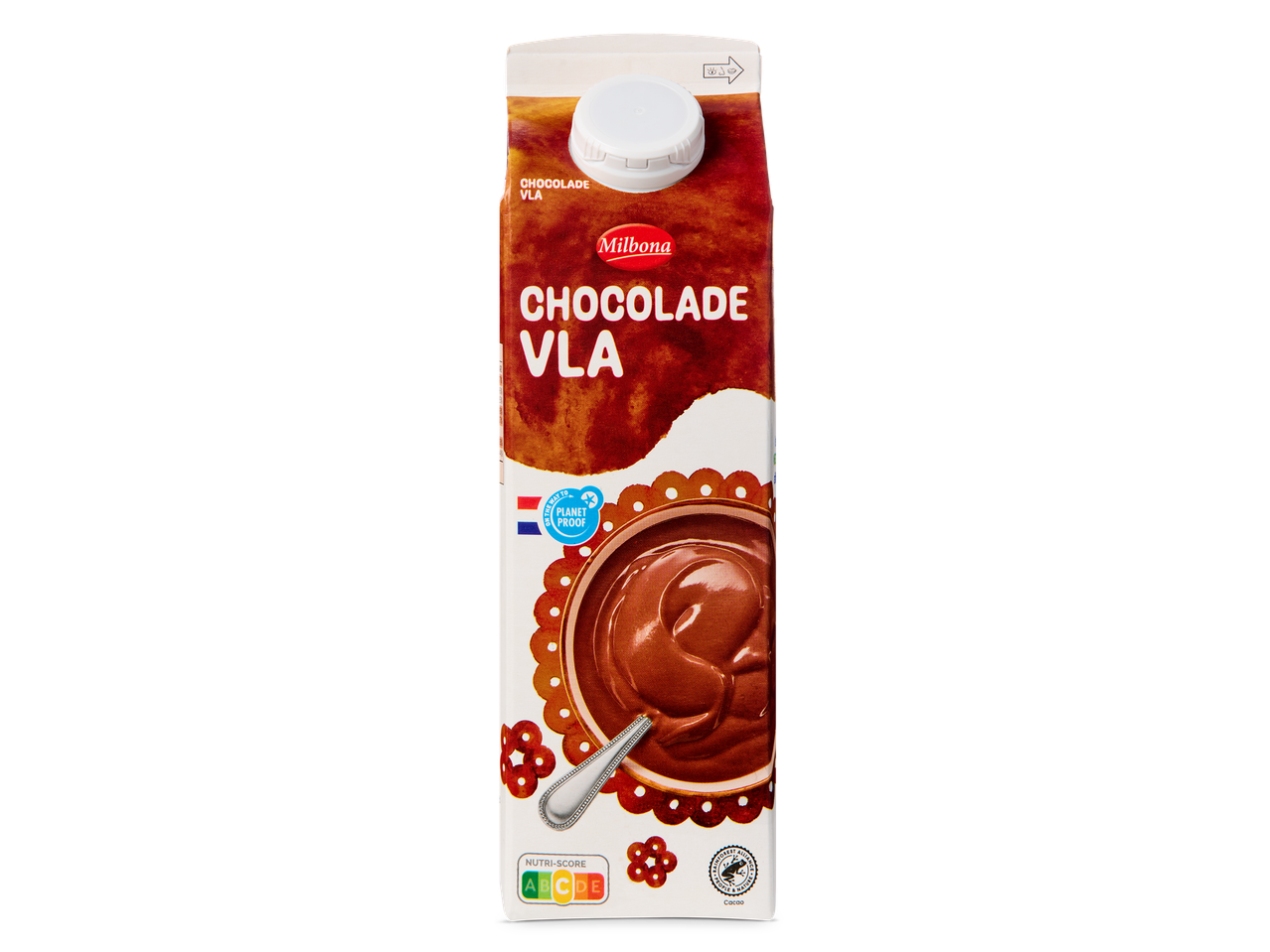 Chocoladevla in een kartonnen pak met een Nutri-Score A.