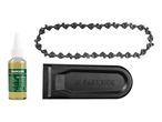 Chainsaw replacement chain, protective bar cover, and organic chain oil.