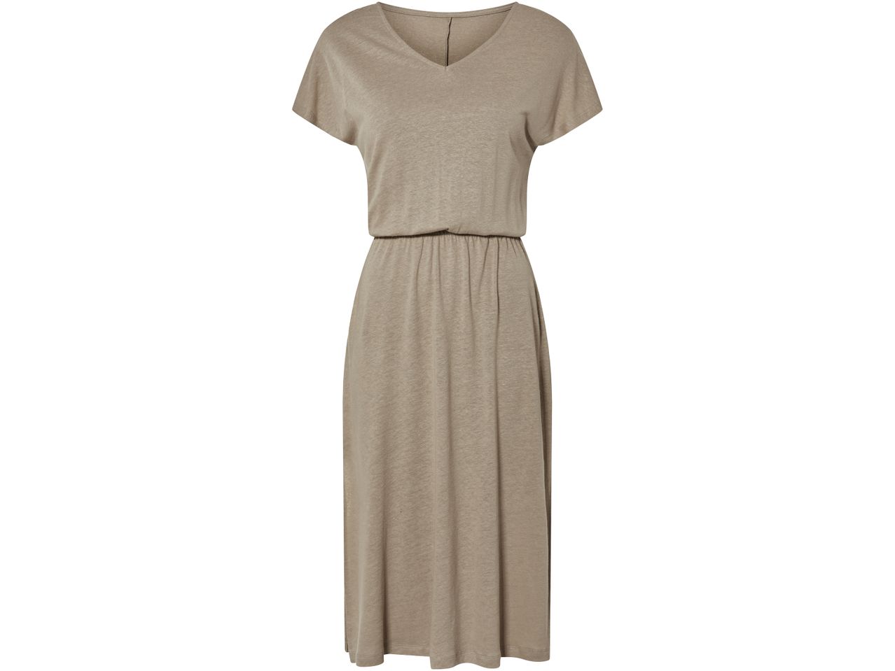 Abito midi color beige con scollo a V e maniche corte.