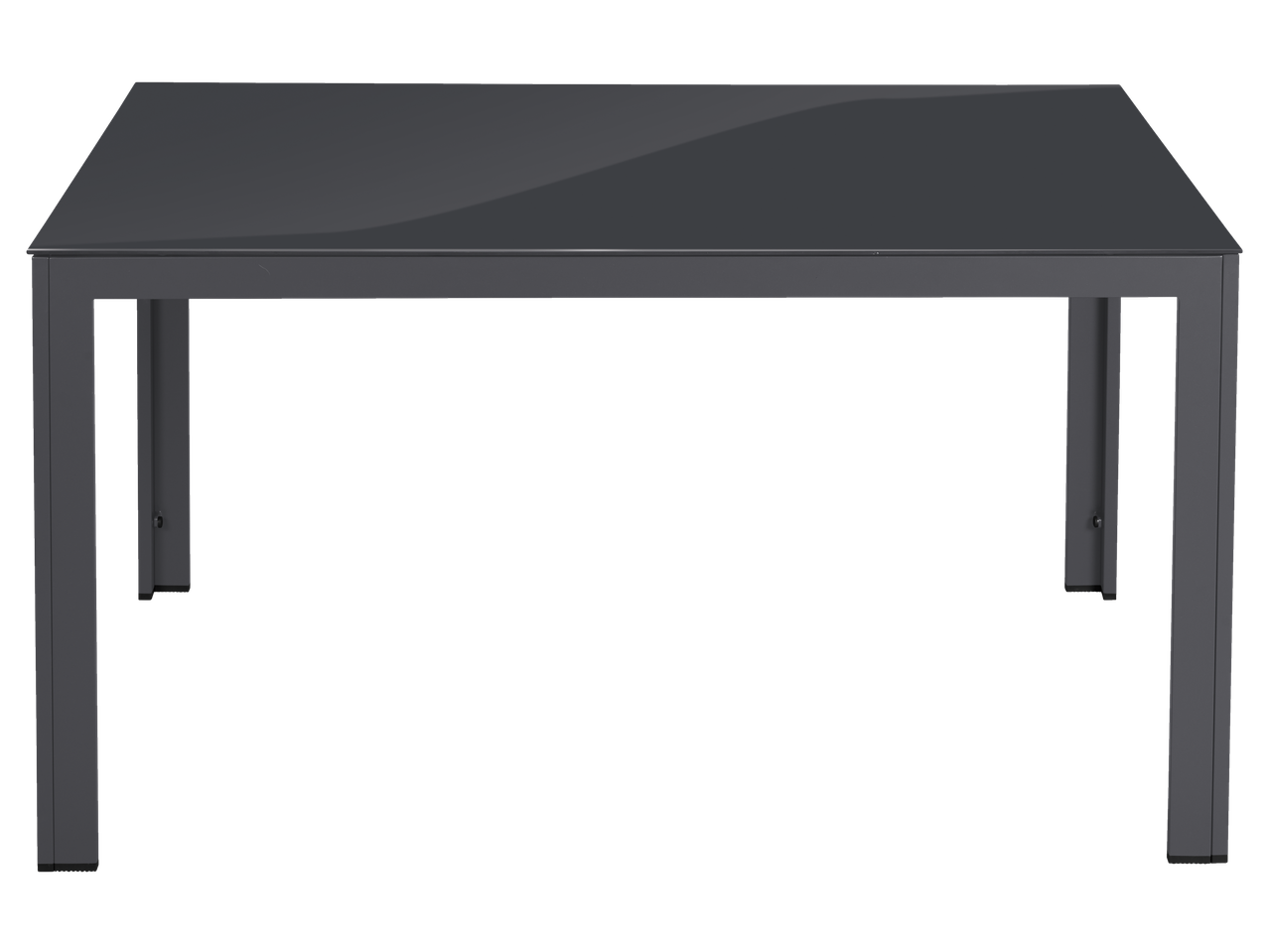 Mesa retangular com tampo de vidro cinzento e estrutura metálica.