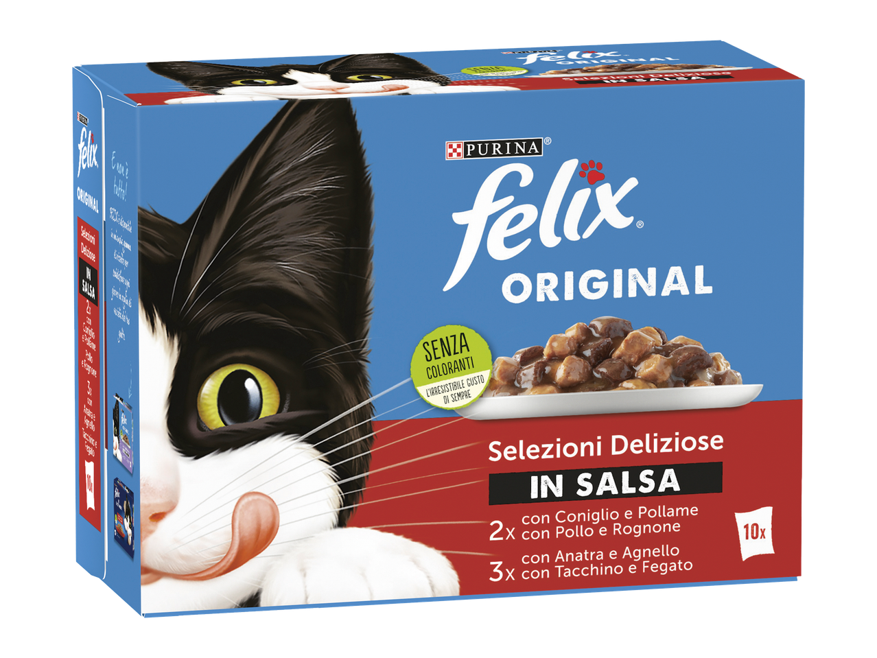 Cutie de hrană umedă pentru pisici, cu 10 plicuri de arome asortate în sos, fără coloranți.