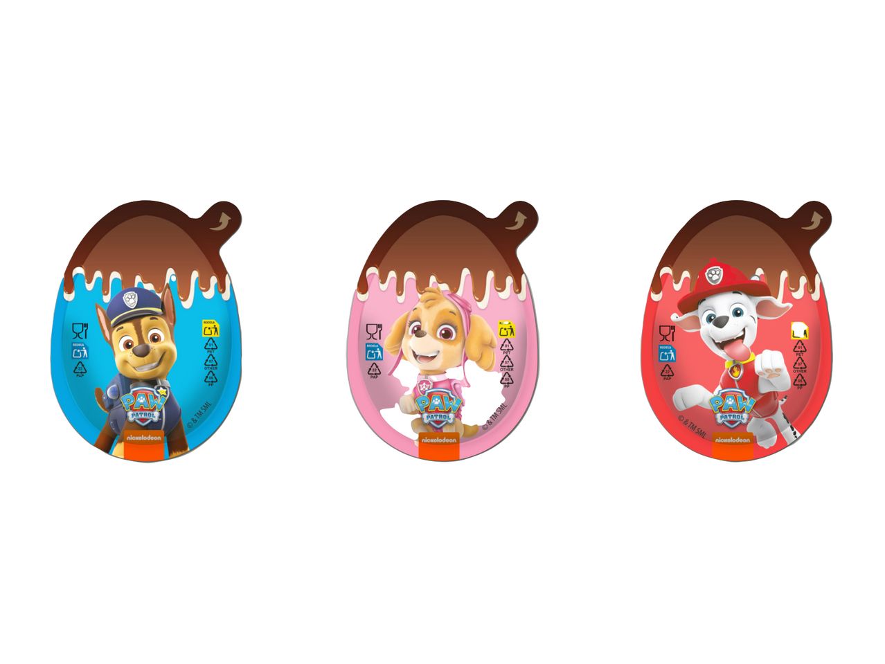 Trije ovitki za čokoladna jajca Paw Patrol s Chaseom, Skye in Marshallom.