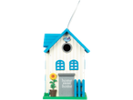 Blue and white birdhouse with sunflower.